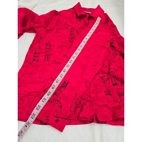 Chico's Linen Silk Blend Shirt Size 1 M Red Black Artsy Funky People Button Down - Picture 10 of 11